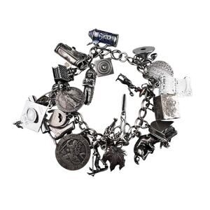 Vintage Sterling Silver Charm Bracelet 7.5" 25 Charms Travel Religious Phone
